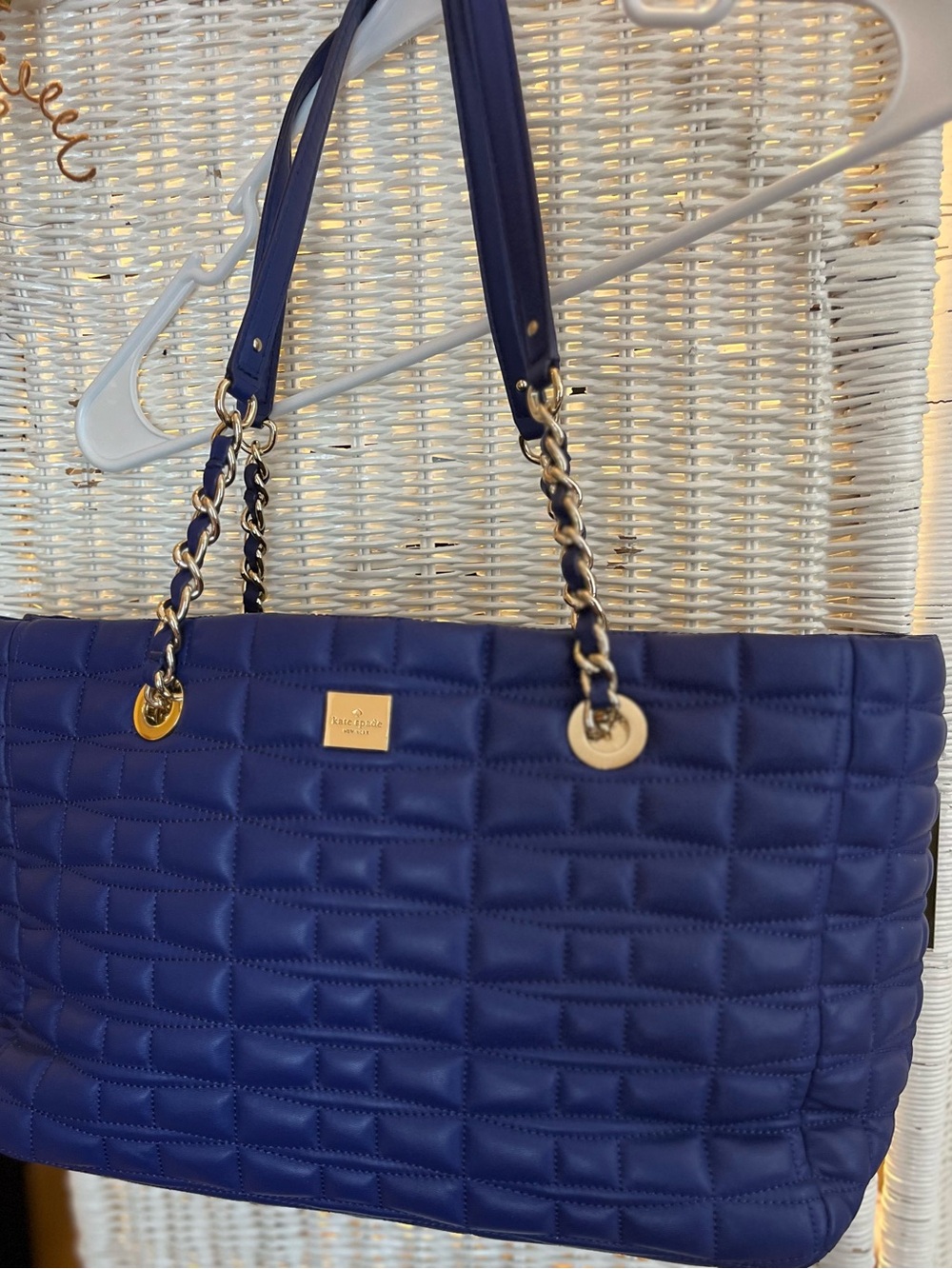 Kate Spade Blue Quilted Tote Bag Gold Chain Large Designer Shoulder Purse